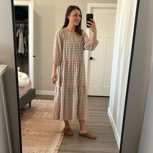 SoyaConcept Gingham Tiered Midi Dress in Beige and White